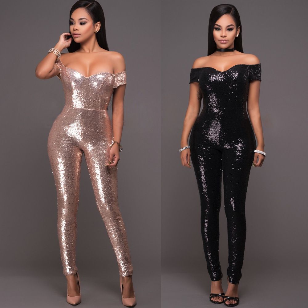 2017 Fashion New 2017 Black Gold Slinky Metallic Glitter Jumpsuit Disco