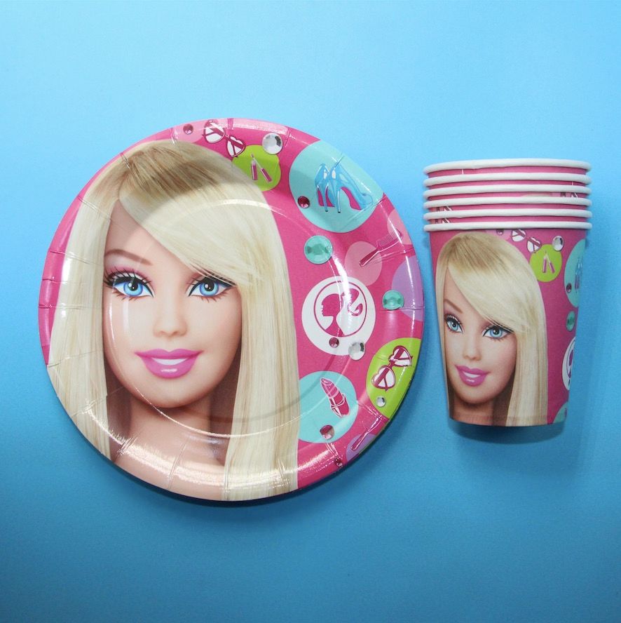 2017 Wholesale Barbie Doll Theme Printed Paper Cups +7inch Paper Plates Tableware For Birthday