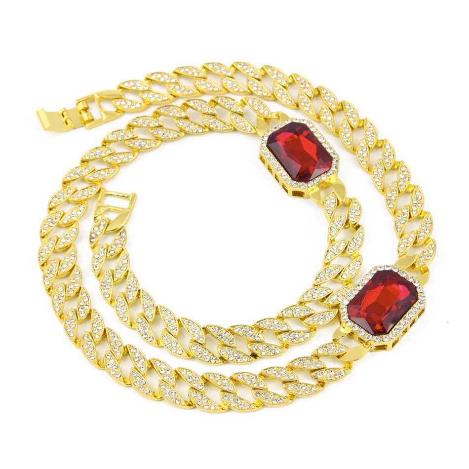 2017 14k Gold Plated Miami Cuban Link Lab Diamond Red Ruby Chain