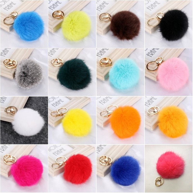 Fluffy Keychain Puff Ball 8cm Solid Color Rabbit Fur Ball Keychains