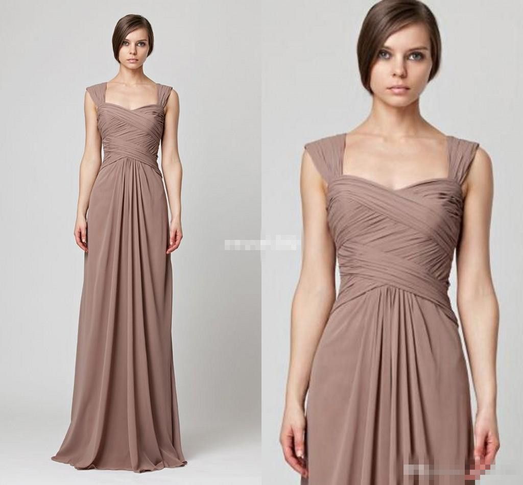 Taupe Elegant Long Bridesmaid Dresses for Wedding Cap Sleeves Pleated