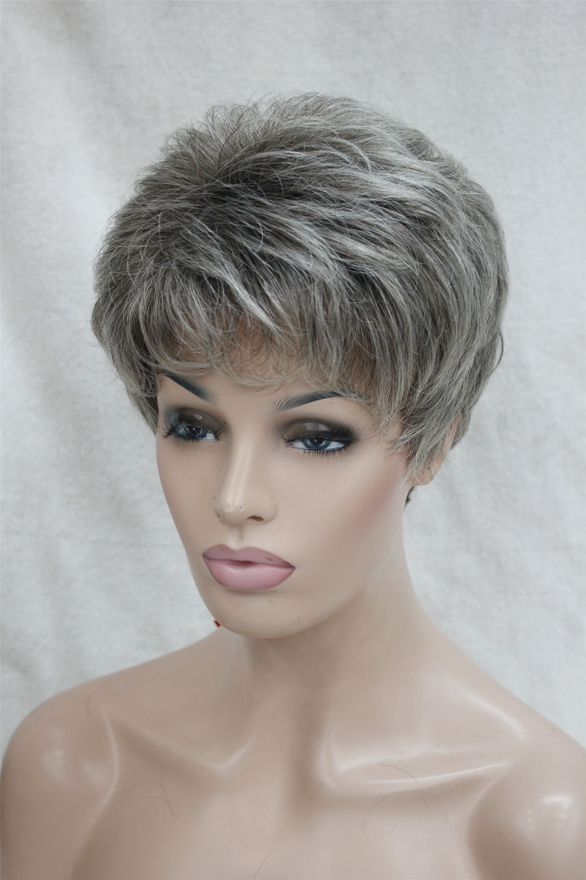 Hot Health Super Cute Gray/Grey Mix Brown Root Short Straight Synthetic Hair Full Women'S Wig