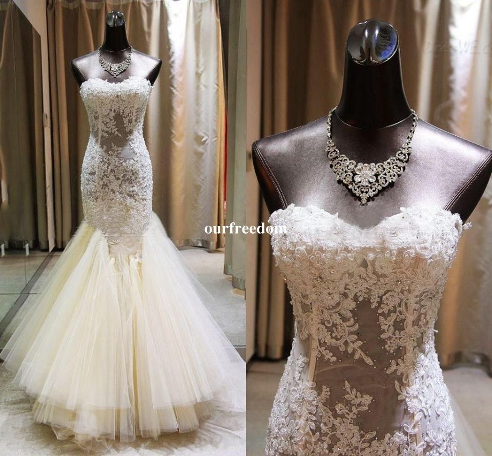 Sweetheart Mermaid Cheap Wedding Dresses China 2017 Tulle Lace Appliques Beaded Lace Up Court