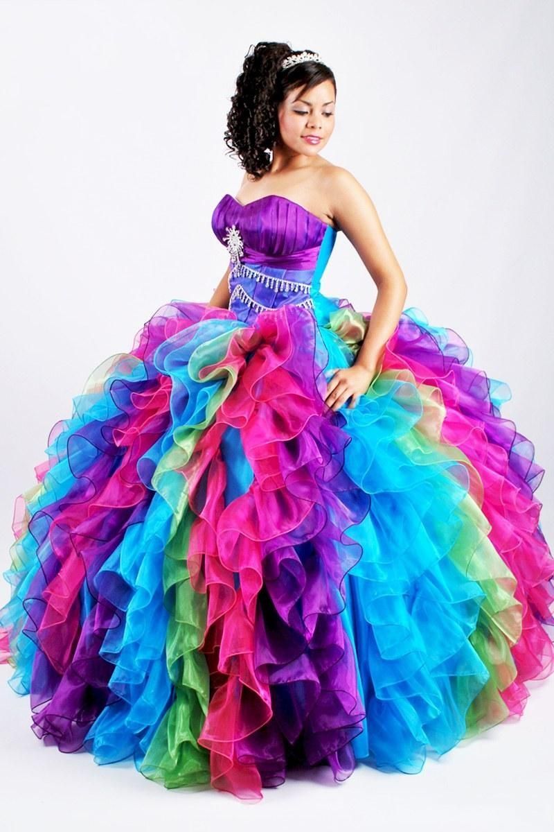 2017 Ball Gown Rainbow Quinceanera Dresses With Colorful Organza Sweetheart Beaded Puffy Skirt
