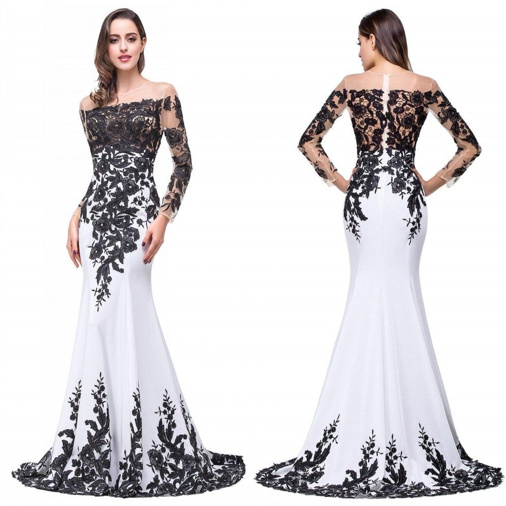 2017 White And Black Formal Evening Dresses Jewel Mermaid With Illusion