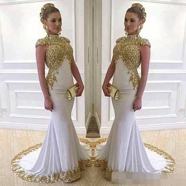 Stunning White And Gold Long Evening Dresses High Neck Cap Sleeve