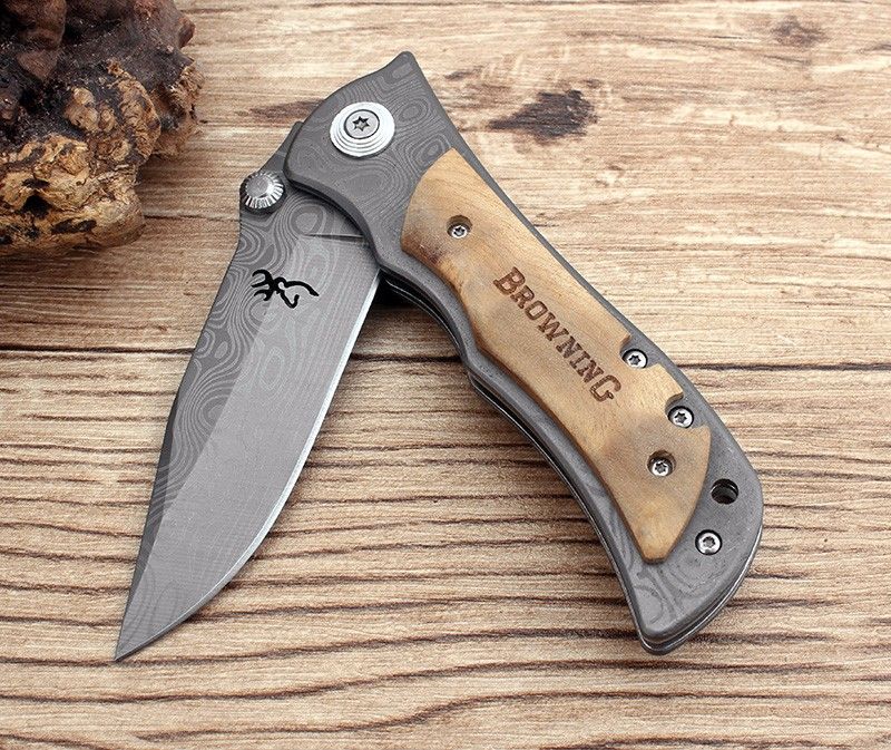 Browning Folding Knife 440c Stainless Steel Damascus Pattern Camping