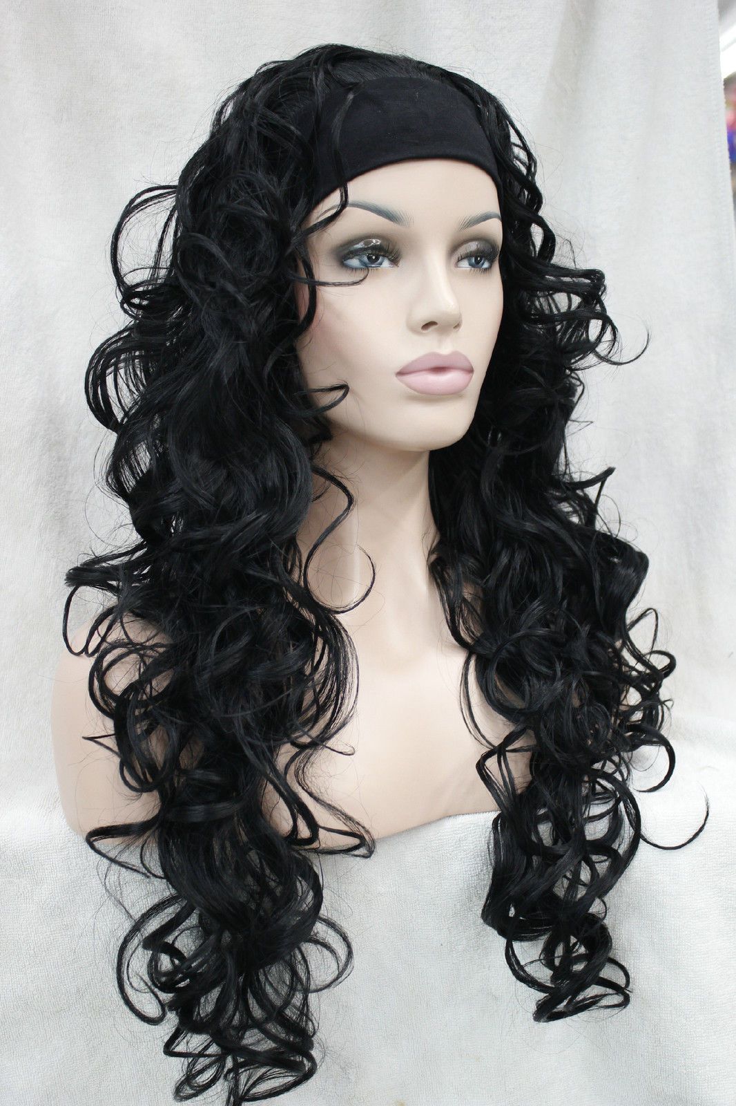 Vogue Cute 3/4 Wig with Headband Black Curly Women's Long Half Wigs