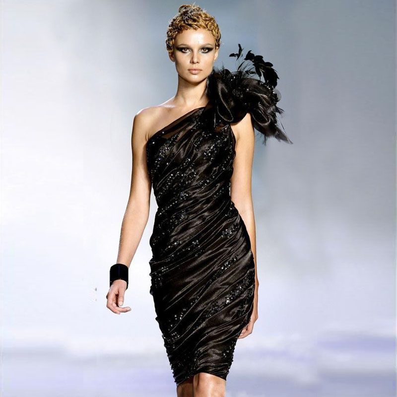 Short Little Black Formal Cocktail Dresses 2017 One Shoulder Flower