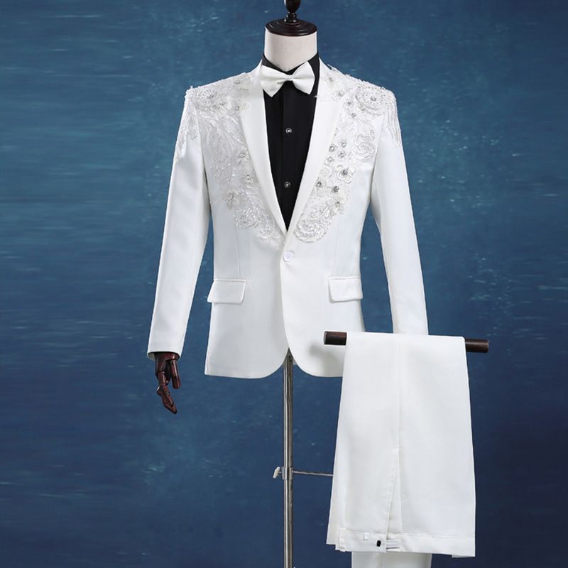 2017 Glitter Rhinestone Groom Tuxedos Men'S White Embroidery Suit Peak