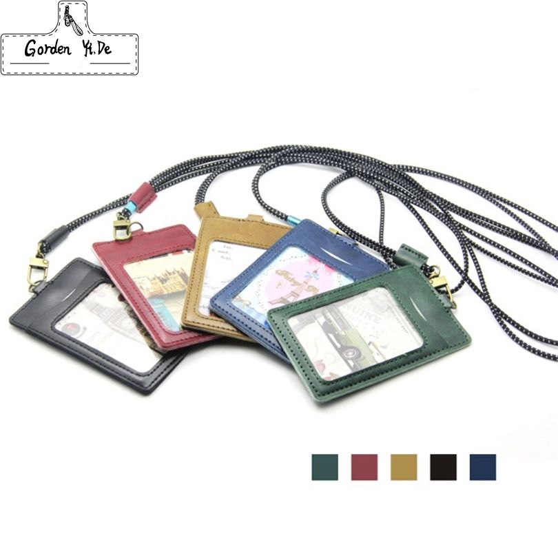 Retro Badge Holder Elastic Rope Lanyard Pu Leather Bank Credit Card
