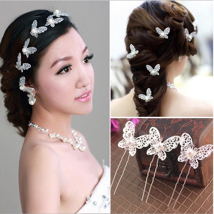 Charming Wedding Hair Piece Butterfly Bridal Pearl Rhinestone Hair Pin Hair Clip Head Piece