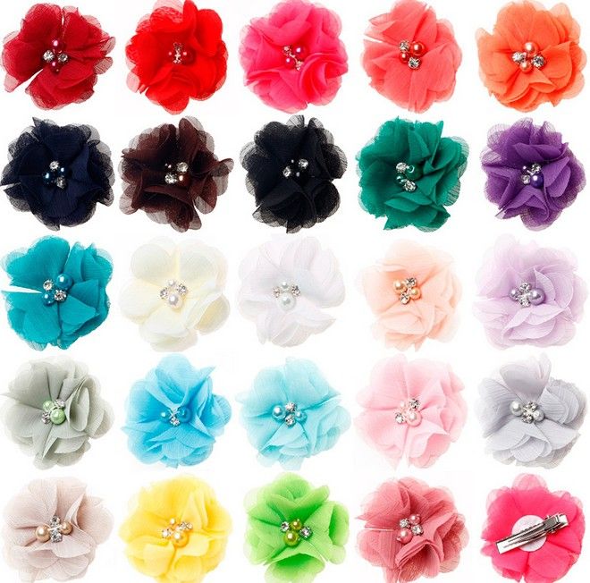 2017 Chiffon Flowers Clips With Pearl Rhinestone Center Artificial