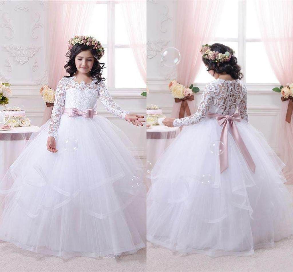 2017 White Flower Girl Dresses For Weddings Long Lace Sleeve Girls