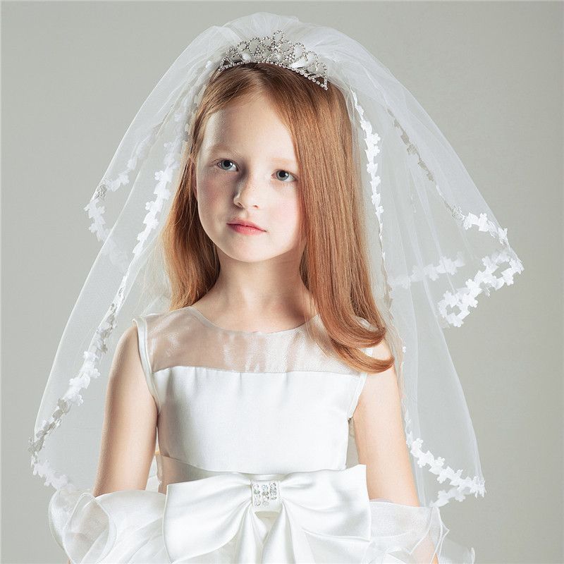 Lovely White Lace Applique Flower Girl Crown Veils For Wedding Two