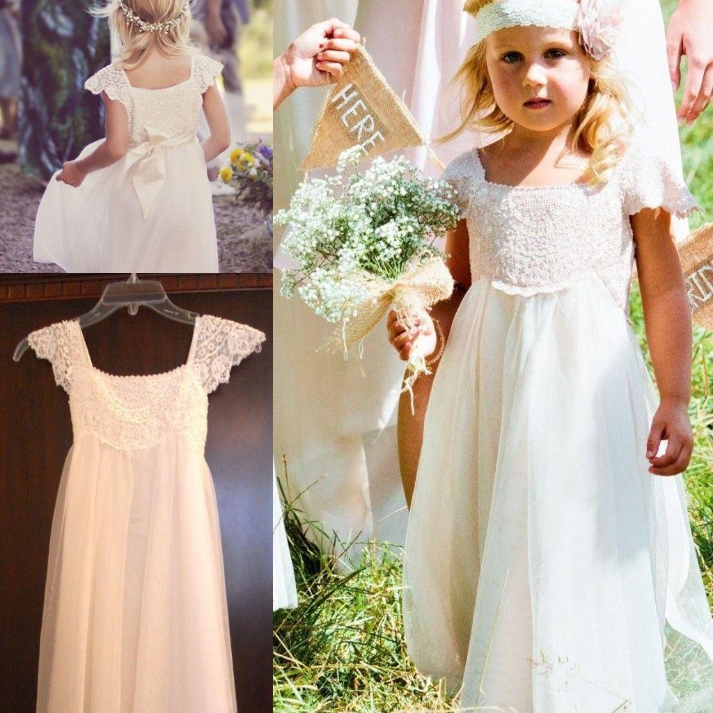 Boho Beach Cap Sleeves Flower Girl Dresses 2016 White Ivory Lace