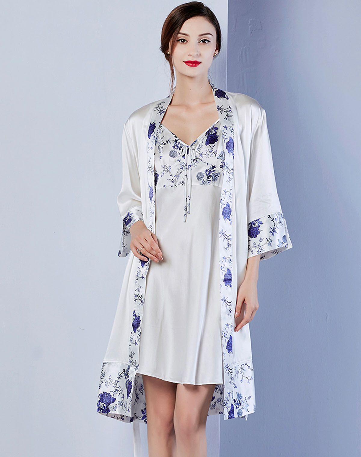 2017 Womens Pure 100 Mulberry Silk Charmeuse Sleepwear Robe & Slip Set Silk Nightwear Size S M