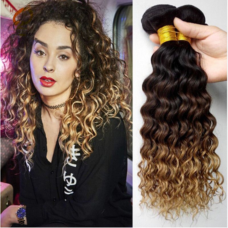8a Ombre Hair Weave Brazilian Deep Wave Curly 3 Bundles ...