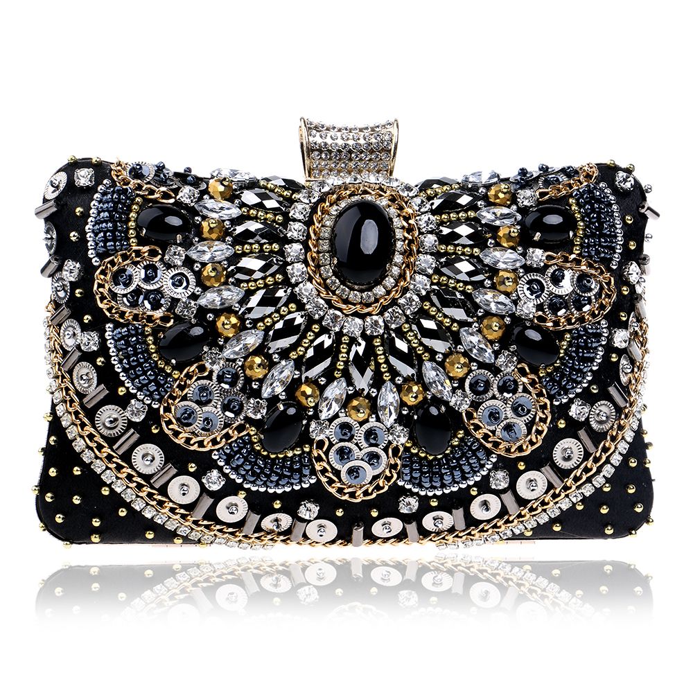 2016 Hot Sale Small Beaded Clutch Purse Elegant Black Evening Bags