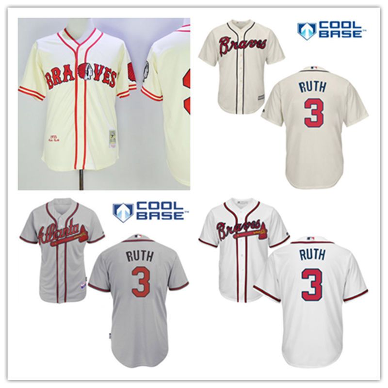 2017 Mens Atlanta Braves 3 Babe Ruth 1935 Cream Cooperstown Jersey