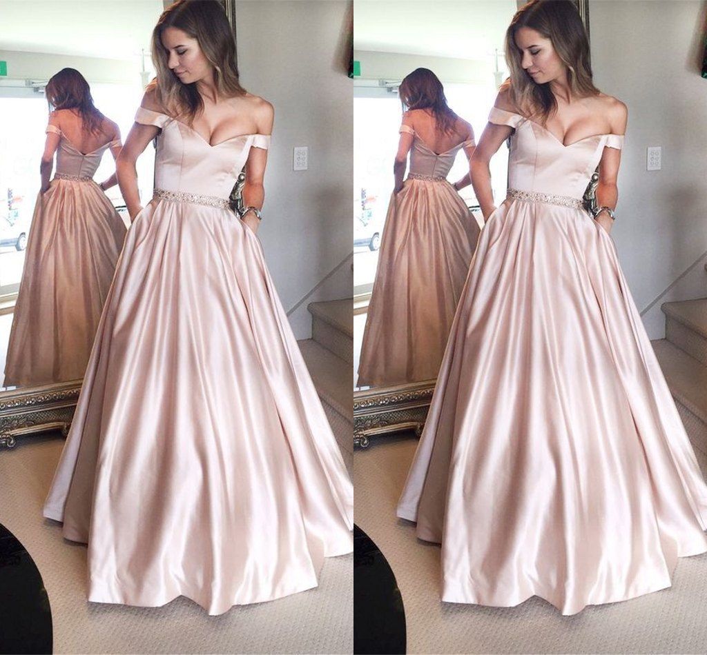 2017 Blush Pink Off The Shoulder Prom Dresses Long Backless Beaded Crystal Ball Gown Satin With