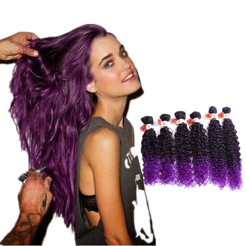 Ombre Purple Synthetic Hair Curly Hair Extensions Full Head Use Kinky
