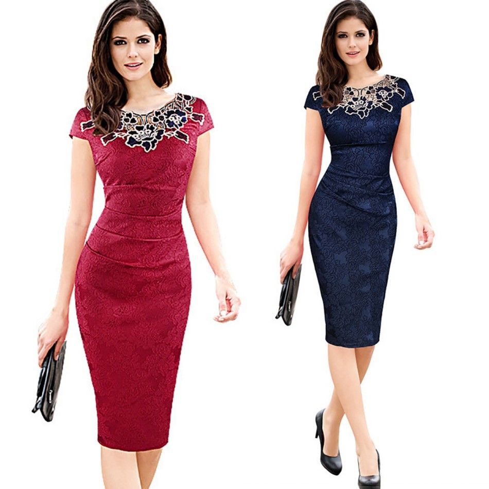 2017 Casual Summer Blue Lace Retro Work Dress Vestidos Bodycon Evening