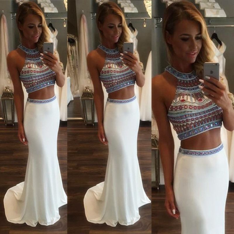 Two Pieces White Prom Dresses Luxury Rhinestone Beaded Mermaid Prom