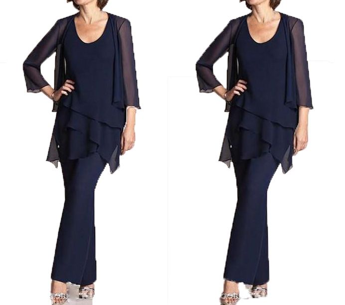 Navy Blue Chiffon Three Pieces Mother Of The Bride Pant Suits Jackets For Mothers Bride Trousers 