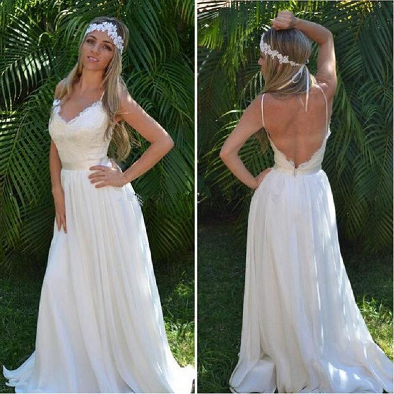 Cheap Boho Lace Aline Wedding Dresses 2017 V Neck Backless Chiffon