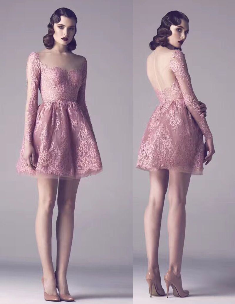 Long Sleeve Blush Pink Lace Cocktail Prom Dresses 2017 Boat Neckline
