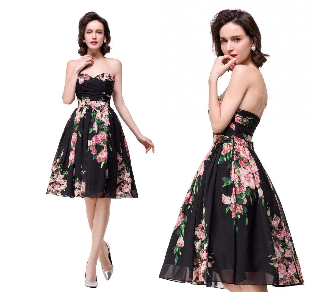 2017 Floral Print Knee Length Country Bridesmaid Dresses Sweetheart
