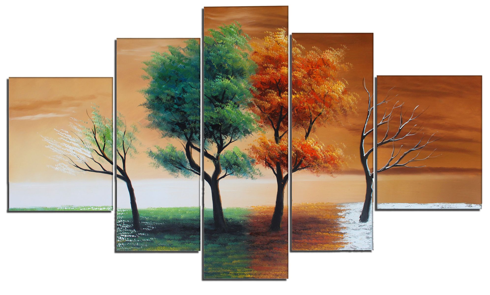 2018 100 Hand Made Painting 5 Panel Four Seasons Tree Canvas Oil