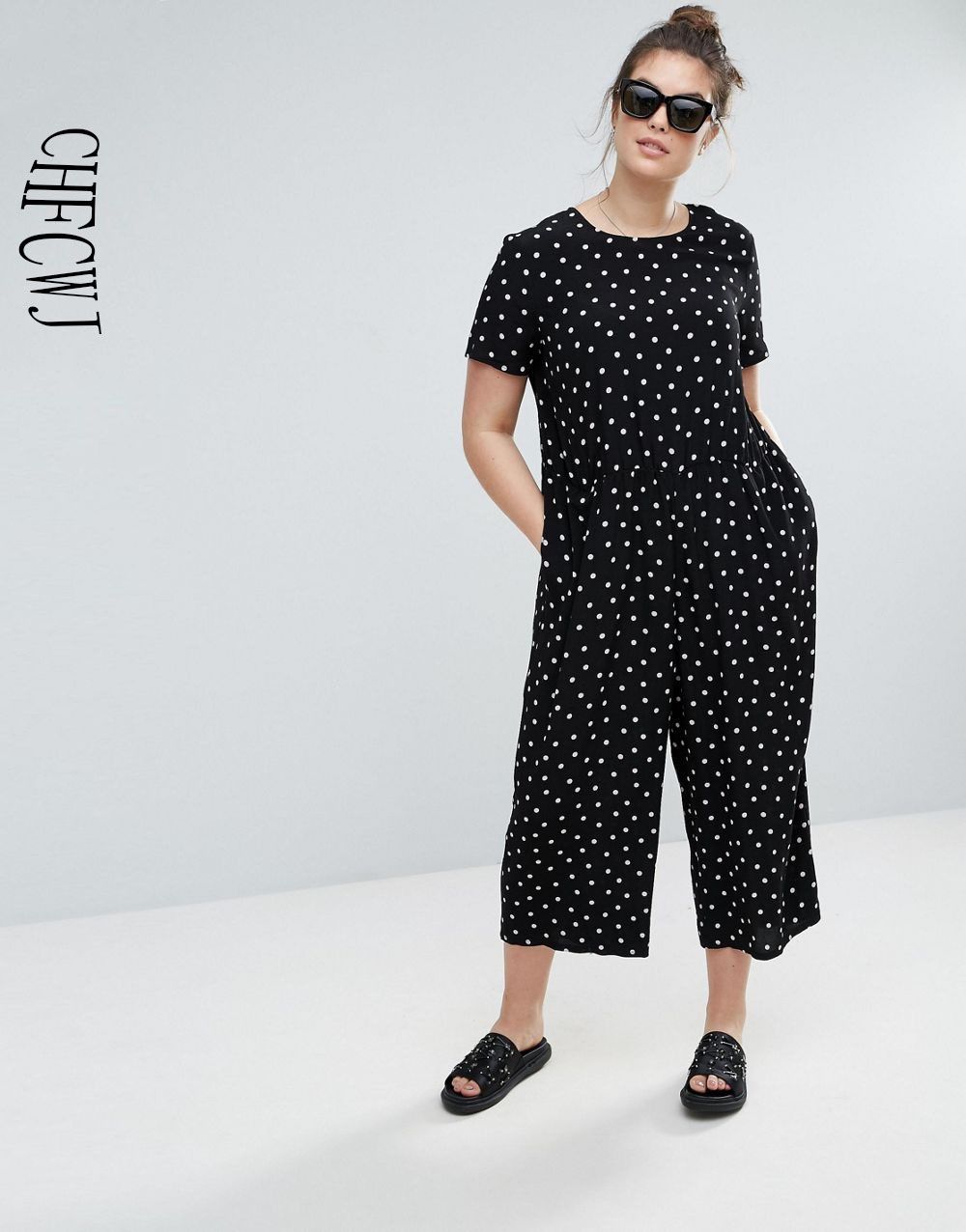 2017 Womens New Plus Size Capris Jumpsuit Polka Dot Design Loose And Pocket With Black In Summer