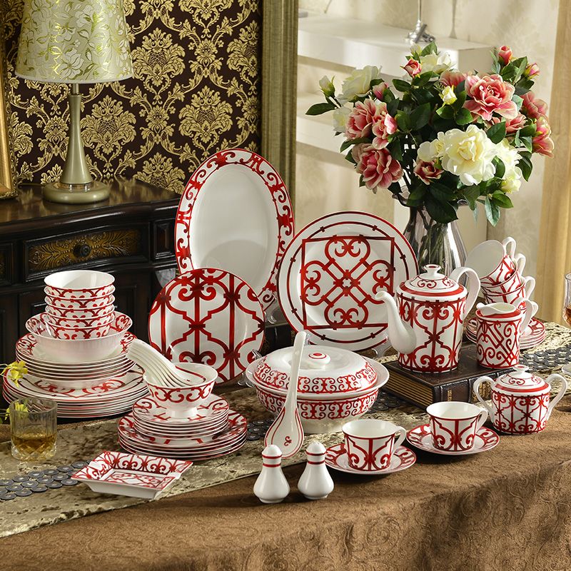 Porcelain Dinnerware Set Bone China Chinese Red Characteristics Design