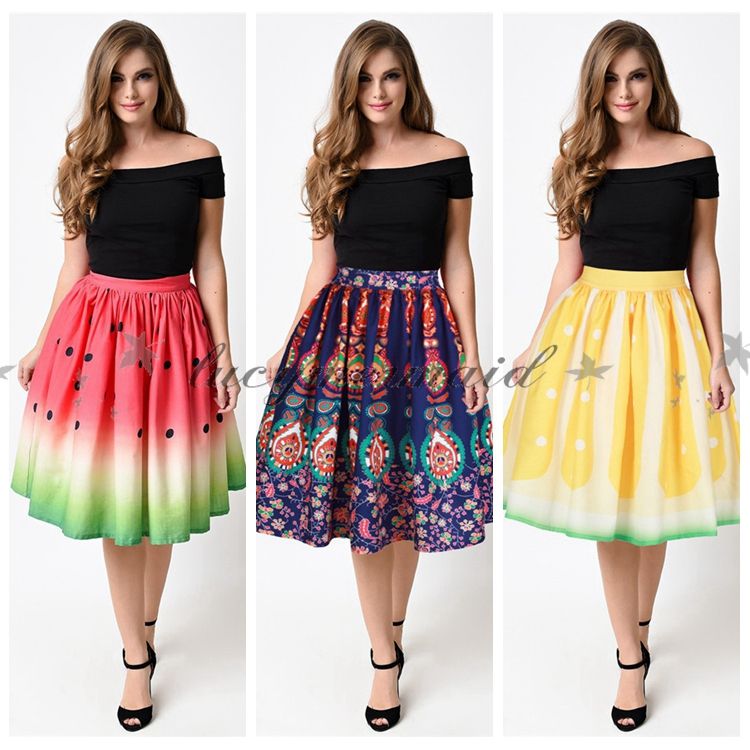 2017 4 Styles Fashion Women Summer Skirt Fruit Print Knee Length ...