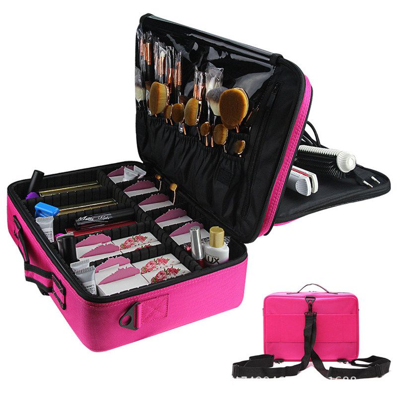 Women Professional Makeup Organizer Kit Pink Cosmetic Case Large Capacity Storage Bag Free