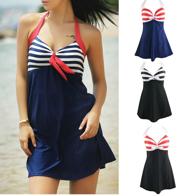 2017 2017 New Hot Sale Women Sexy Halter Swimdress Navy Blue Striped
