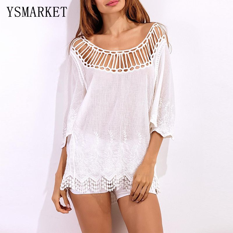 2018 Beach Wear Women Shirts Summer New White Ruffles Sleeve Loose Tops