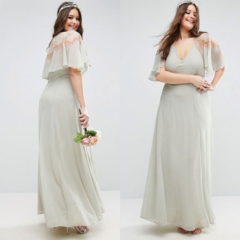 New Chiffon Plus Size Long Bridesmaid Dresses With Short Sleeves Lace V