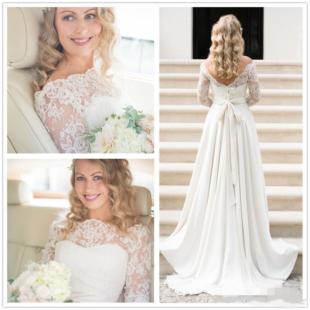 Vintage Bohemian Wedding Dresses 2015 Lace Long Sleeves Beach Bridal Gowns With Sash Chiffon