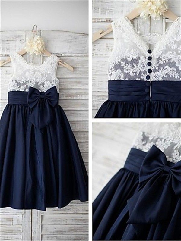 Navy Blue Satin White Lace Flower Girls Dresses Lovely Children Dresses