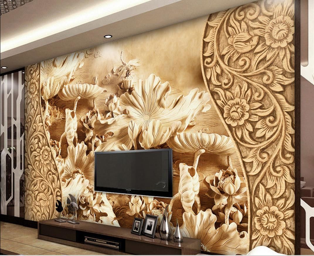 Wood Wall Mural chinese wind flower lotus leaf wood carving tv background wall Wood Wall Mural chinese wind flower lotus leaf wood carving tv background wall