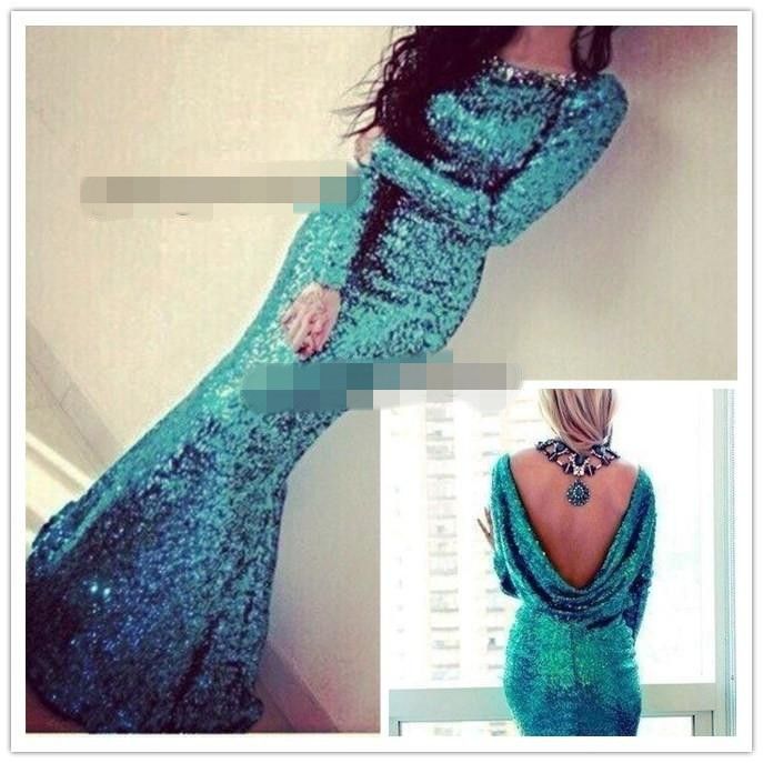 2016 Peacock Blue Sparkly Sequins Long Sleeve Cowl Back Mermaid