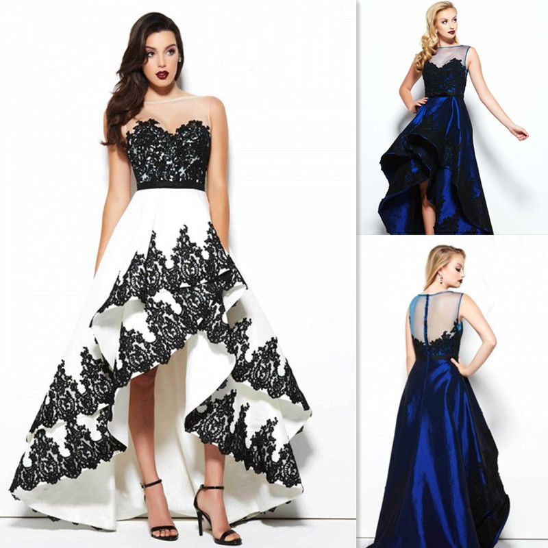 High Low Prom Dresses 2017 Satin Lace Appliques Sheer Bateau Neck
