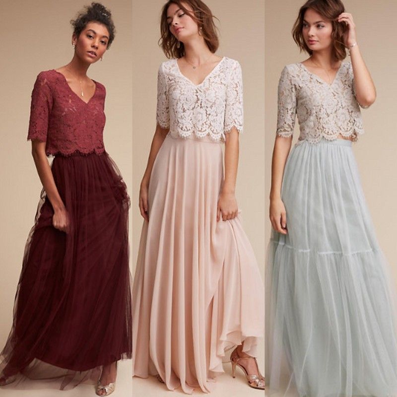 2017 Burgundy V Neck Libby Top Lace Bridesmaid Dresses With Half
