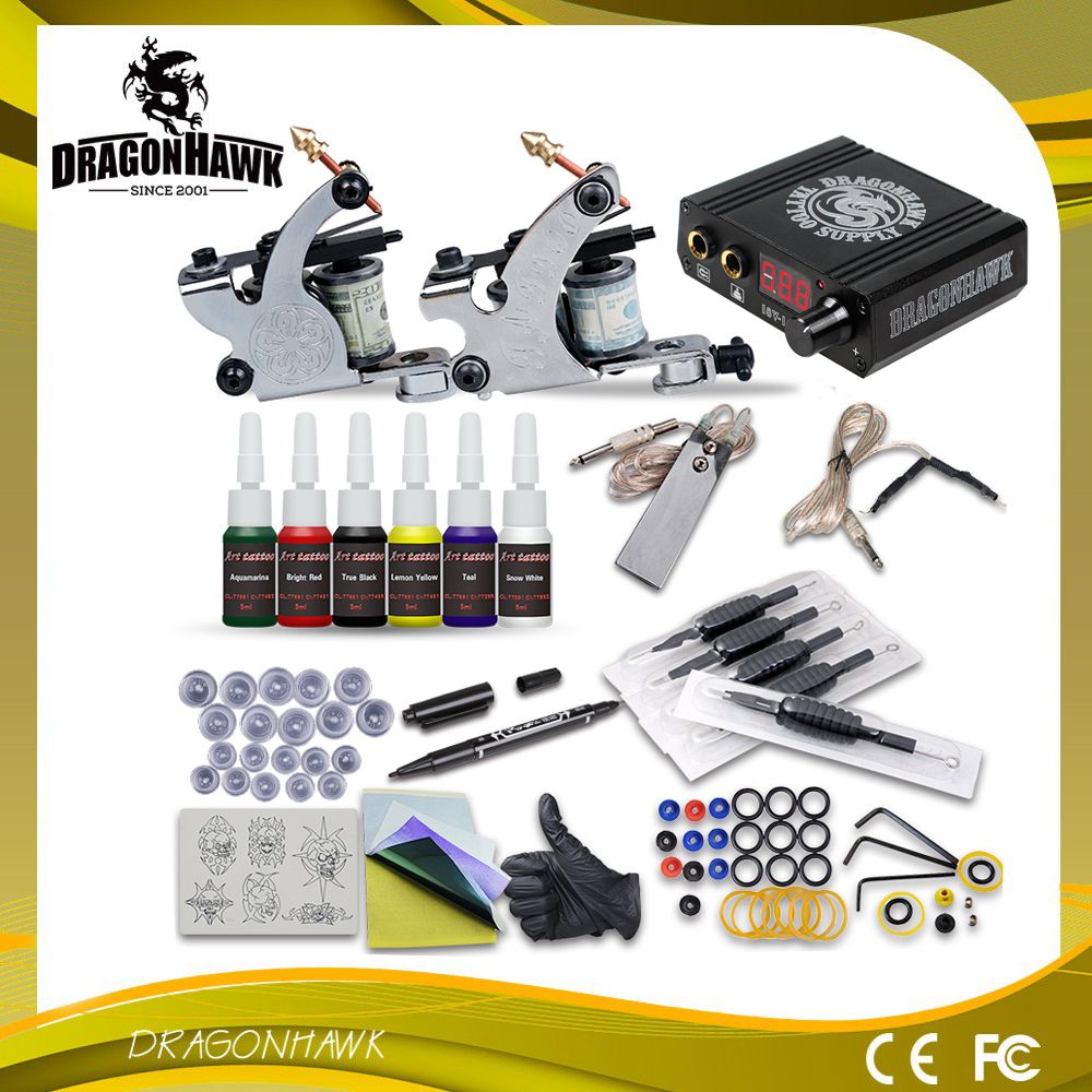 Complete Tattoo Kits 2 Machine Guns 6 Inks Power Supply Beginner