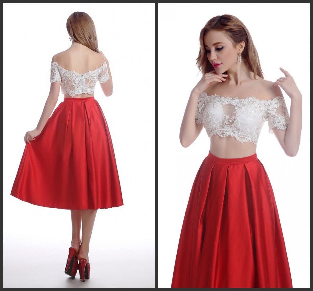 Cocktail Dresses Two Pieces Prom Dresses White Appliques Elegant Above