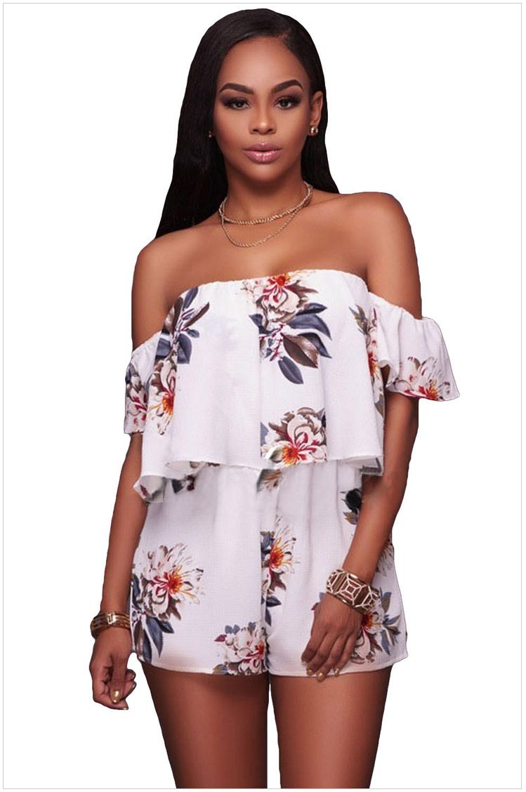 New Fashion Women Summer Casual Jumpsuits Strapless Short Sleeve Ruffle