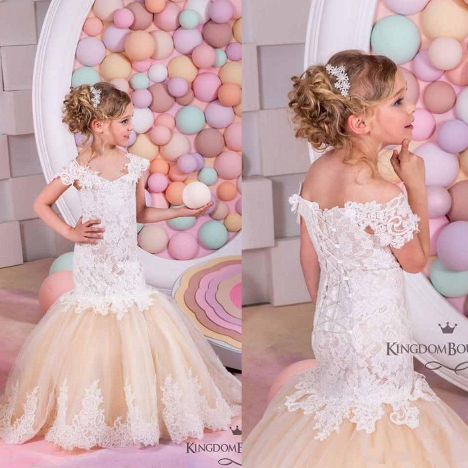 2017 Cap Sleeves Crystals Lace Tulle Flower Girl Dresses Mermaid Vintage Child Pageant Dresses